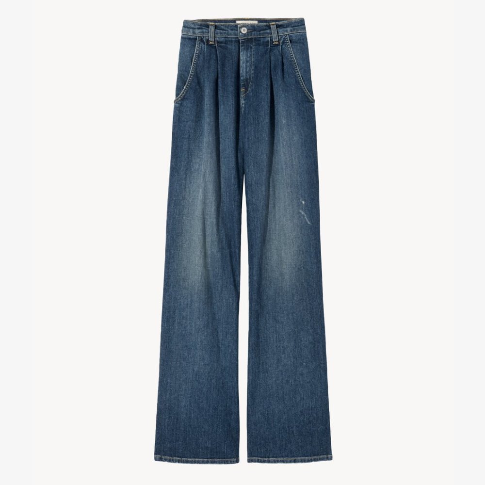 NWT Nili Lotan Flora Trouser Jeans Mid Rise Wide-leg Pleated Sz 25 Classic Wash - Picture 2 of 9